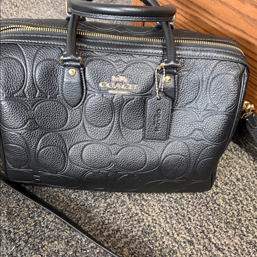 Coach Large Rowan Black Embossed Signature Leather Satchel with Gold Hardware